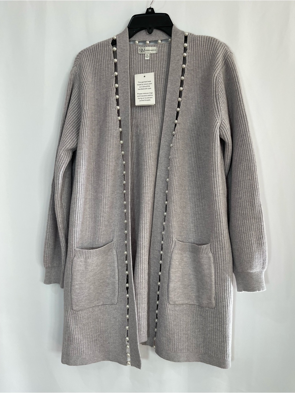 Neiman Marcus Light Gray Open-Front Cardigan with Pearl Trim XL